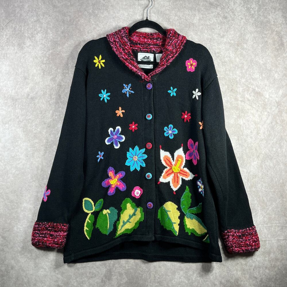 Storybook Knits Cardigan Sweater Womens Large Black‎ Floral Button Art To Wear